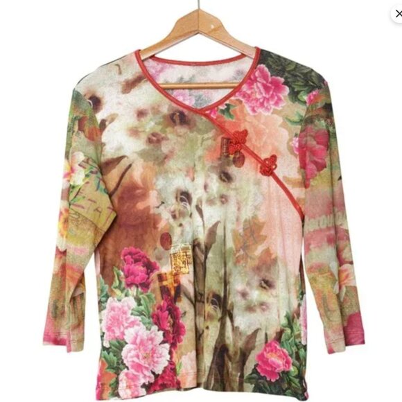 Vibrant Floral Print Blouse Top 3/4 Sleeve Frog Closure Accent Stretch Shirt - Picture 2 of 9